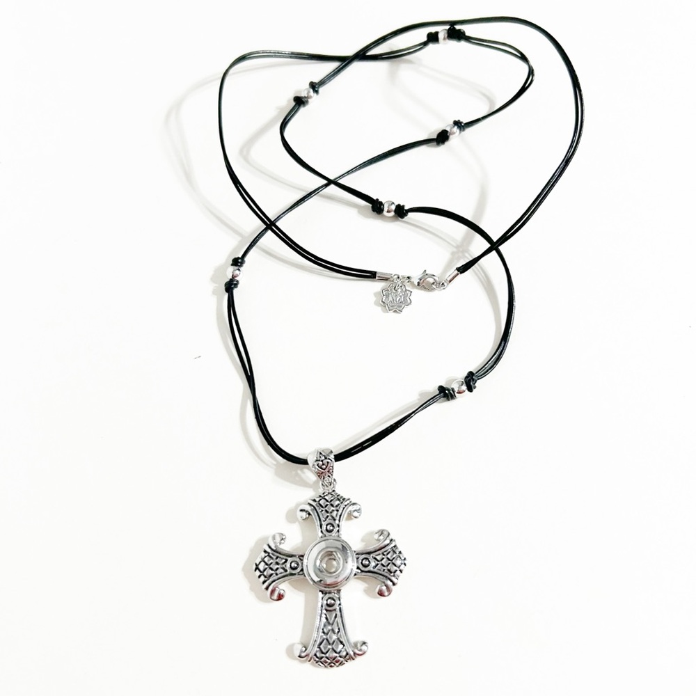 Magnolia and Vine Silver Cross Pendant Necklace Black Leather Cord Snap Jewelry